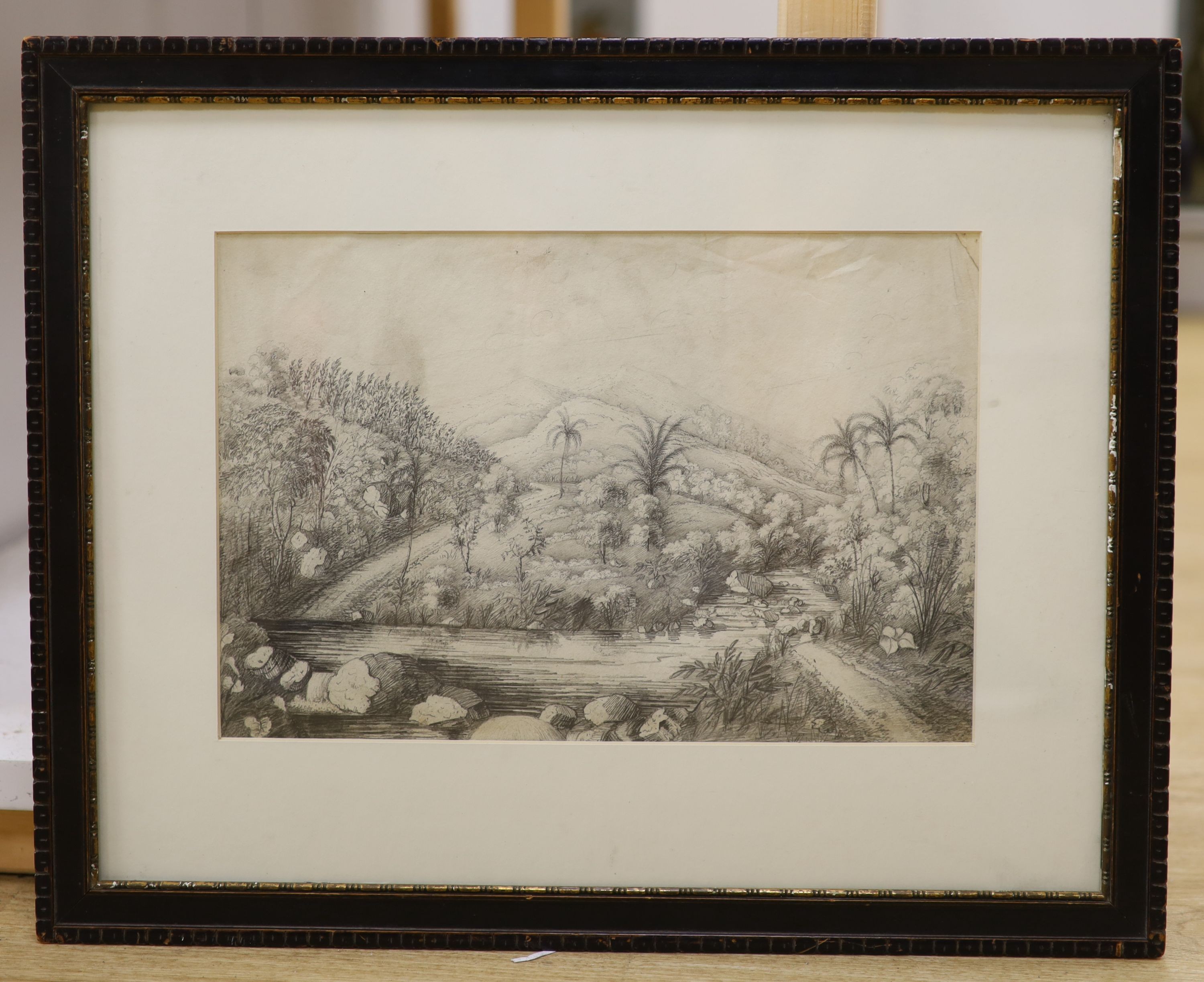 H. de'Anglebarmes 1822, pencil on paper, View of the garden on Tabery Estate, Whatman Turkey Mill 1821, West Indies, inscribed in pencil verso, 23 x 34cm